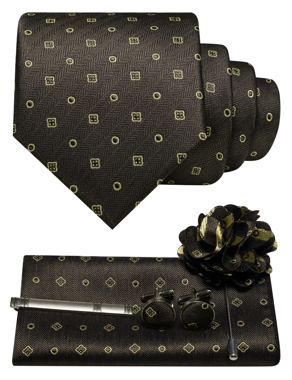 9748 Coffee Tie Woven Necktie and Pocket Square Cufflinks with Lapel Pin